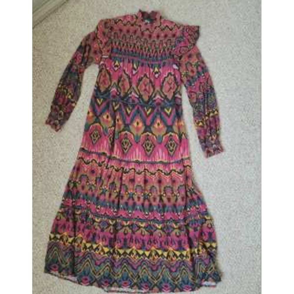 Bl-nk Tiered Maxi Dress Boho Embroidered High Neck Sz S Anthropologie